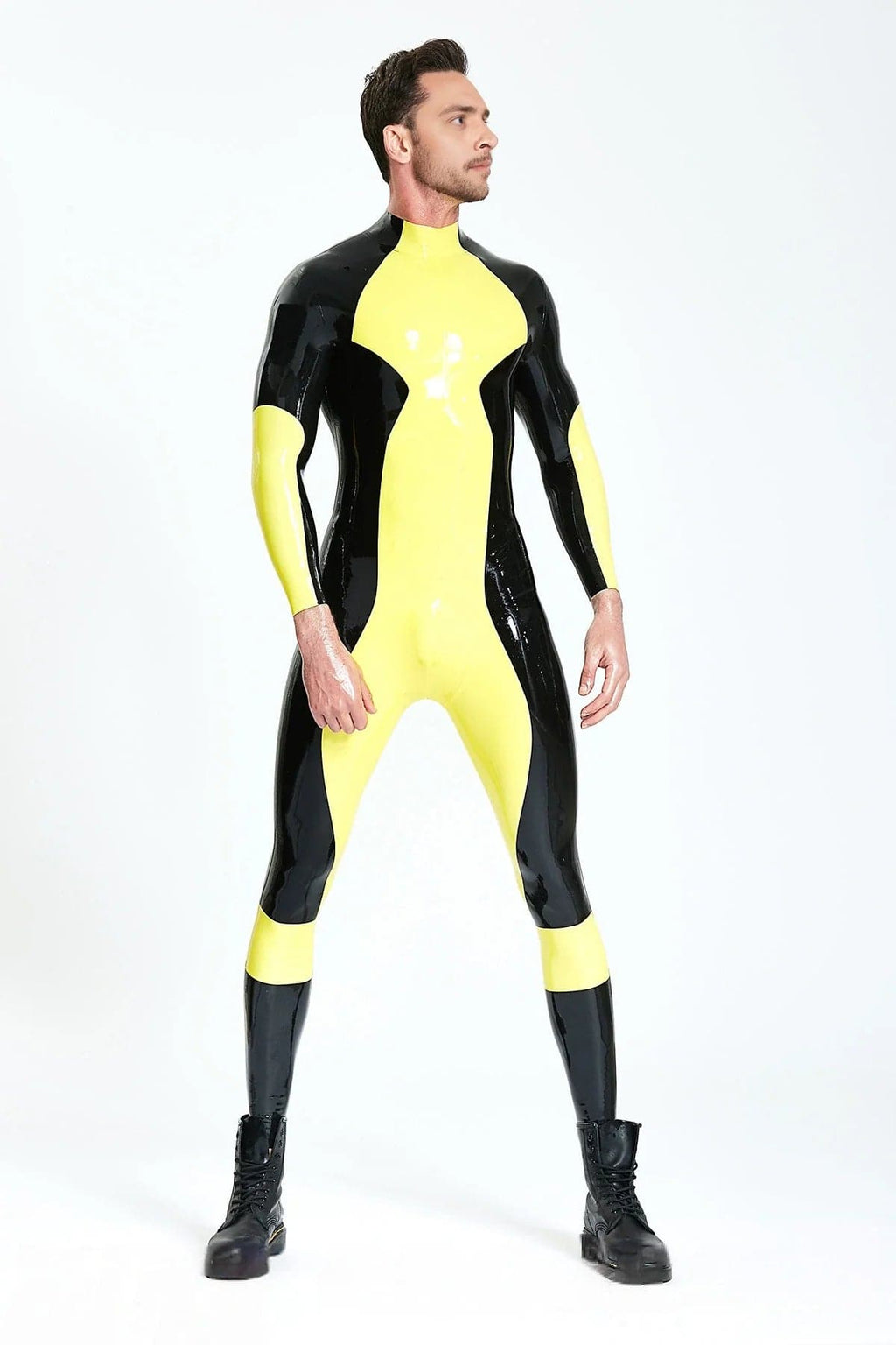 Latex Men’s Catsuit with Zig-Zag Two-Colour Panelling – Yellow and Black