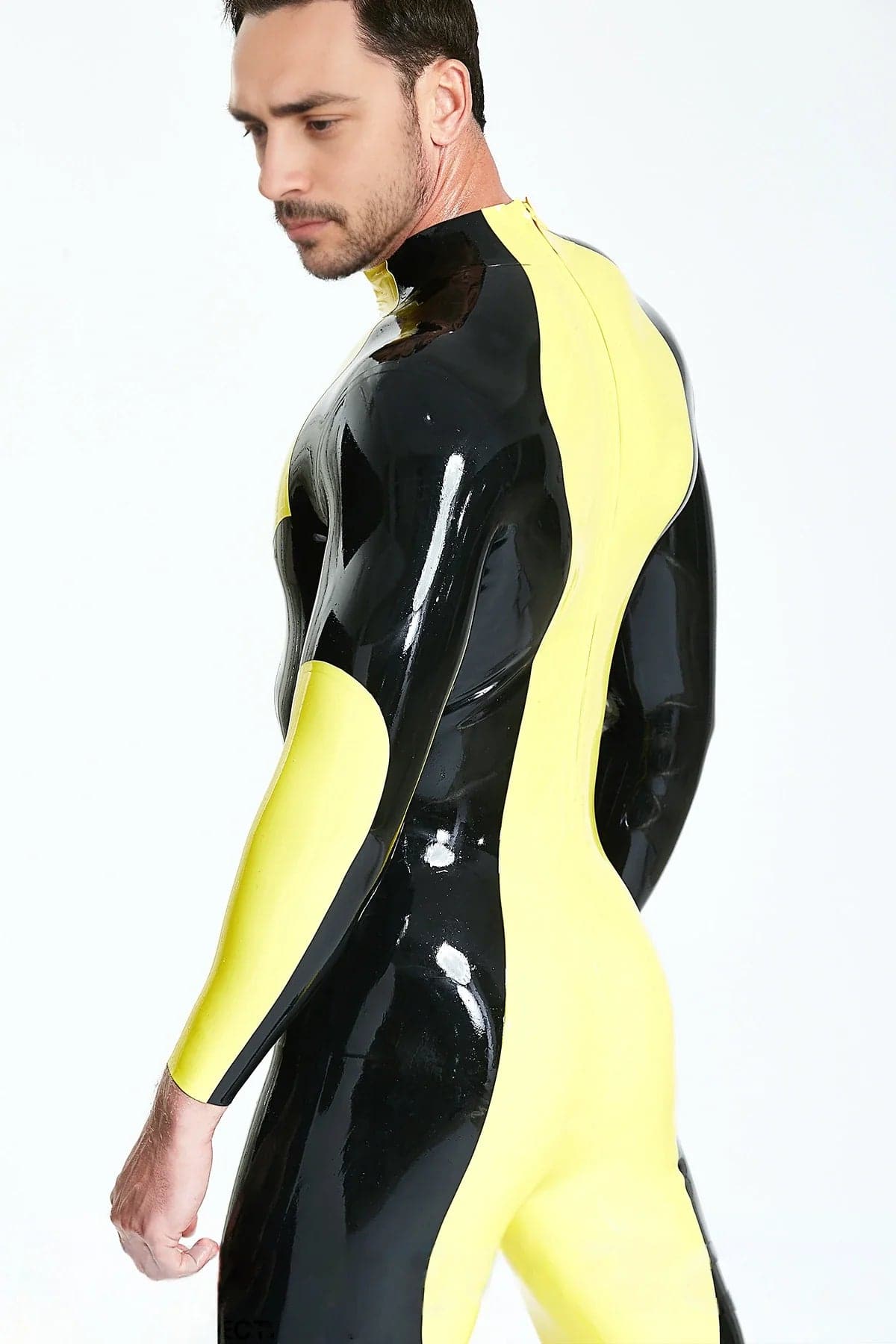 Latex Men’s Catsuit with Zig-Zag Two-Colour Panelling – Yellow and Black