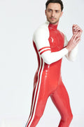 Latex Men’s Raglan-Sleeved Catsuit with Side Stripes and Bicep Bands – Red and White
