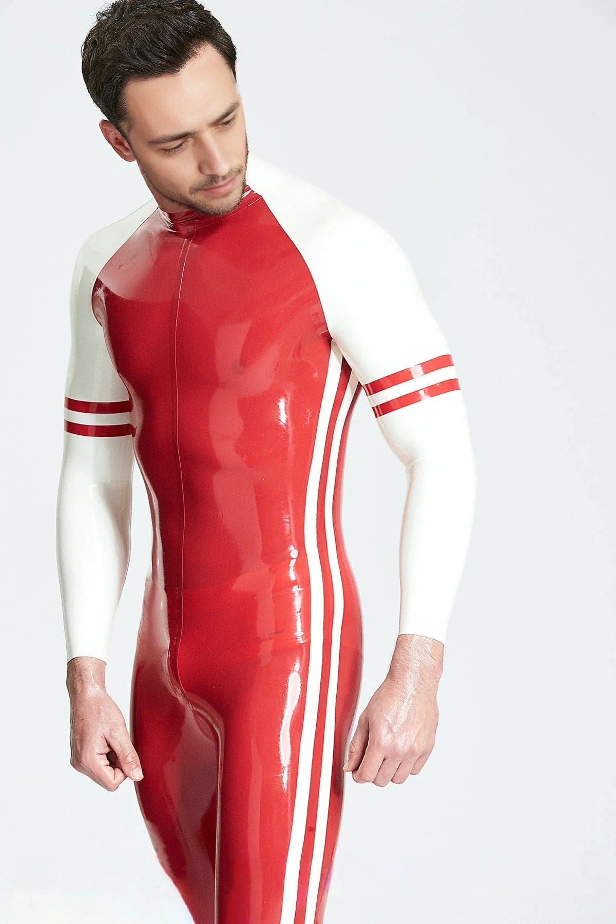 Latex Men’s Raglan-Sleeved Catsuit with Side Stripes and Bicep Bands – Red and White
