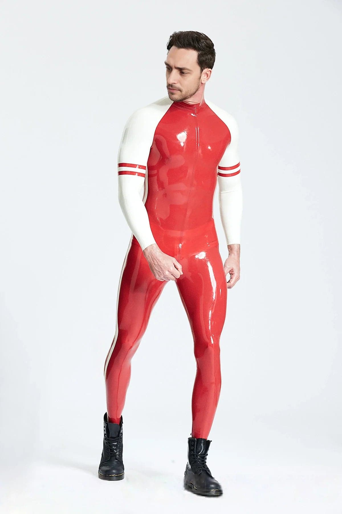 Latex Men’s Raglan-Sleeved Catsuit with Side Stripes and Bicep Bands – Red and White