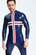 Latex Men’s Catsuit with Cross Panel Design – Dark Blue, Red and White