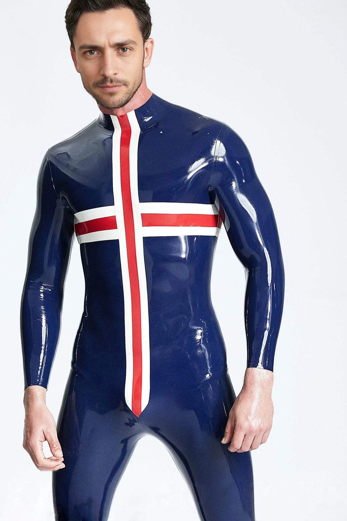 Latex Men’s Catsuit with Cross Panel Design – Dark Blue, Red and White