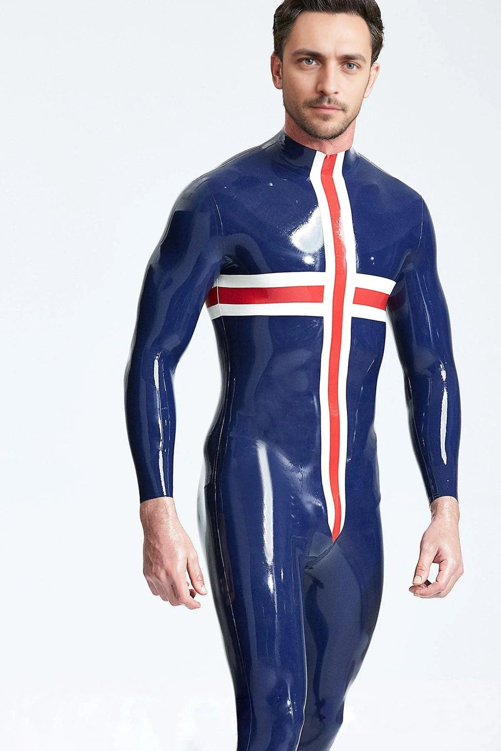 Latex Men’s Catsuit with Cross Panel Design – Dark Blue, Red and White