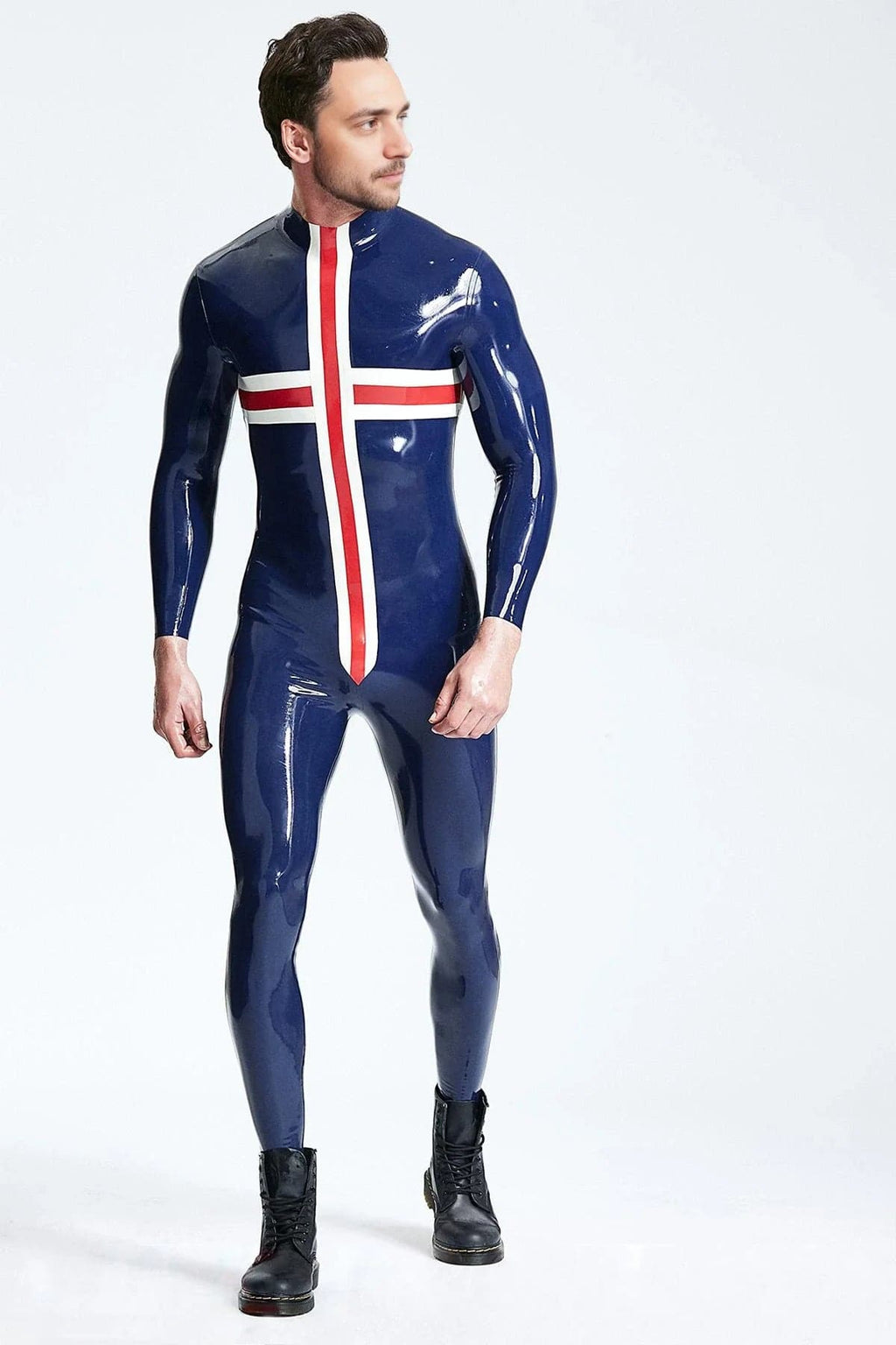 Latex Men’s Catsuit with Cross Panel Design – Dark Blue, Red and White
