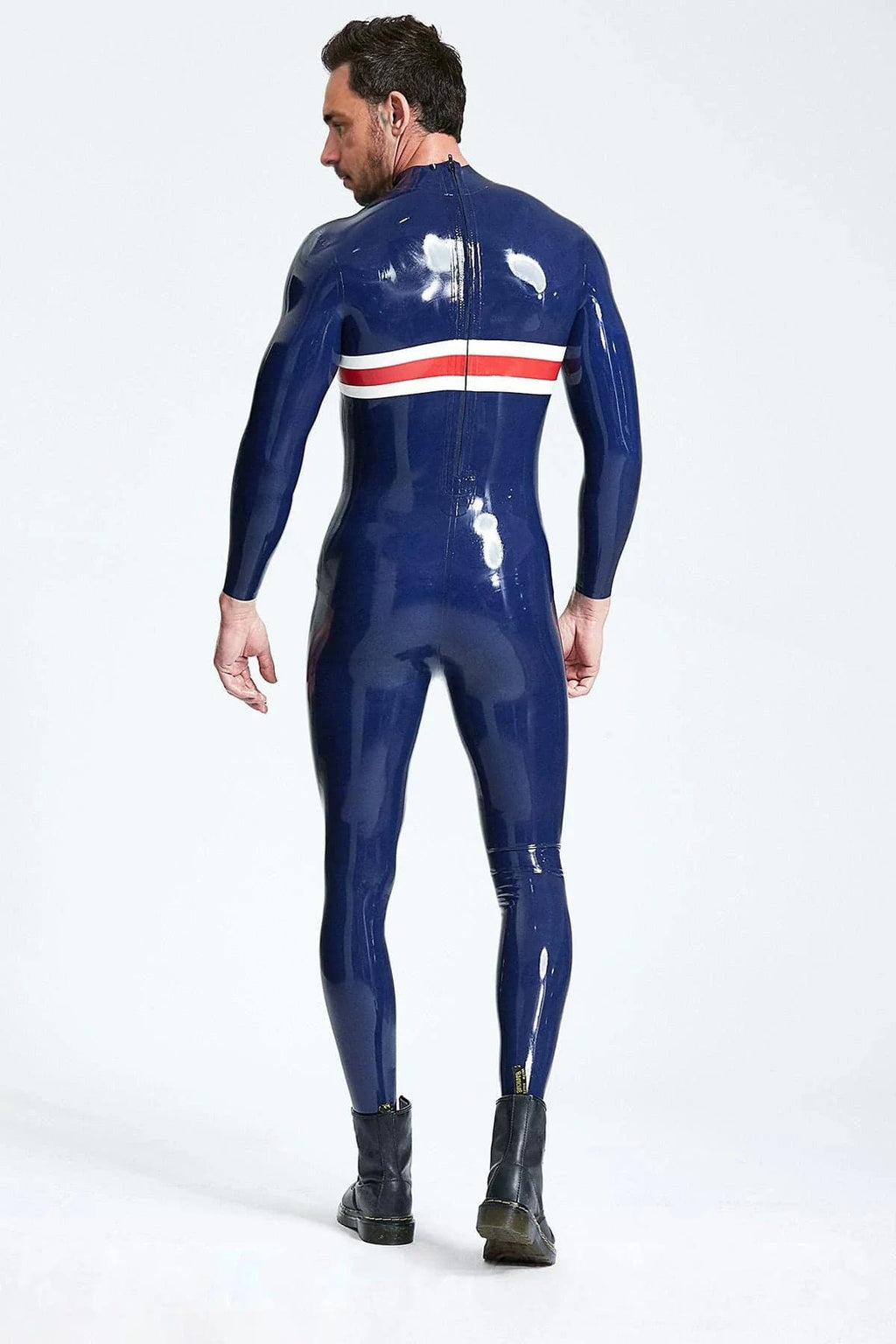 Latex Men’s Catsuit with Cross Panel Design – Dark Blue, Red and White