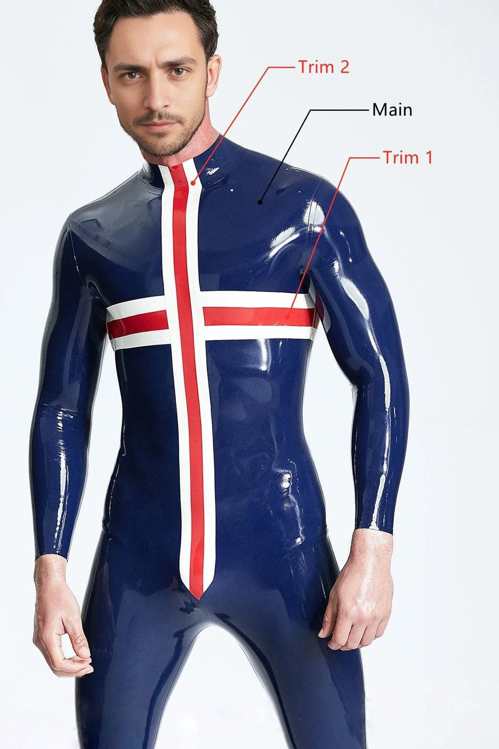Latex Men’s Catsuit with Cross Panel Design – Dark Blue, Red and White