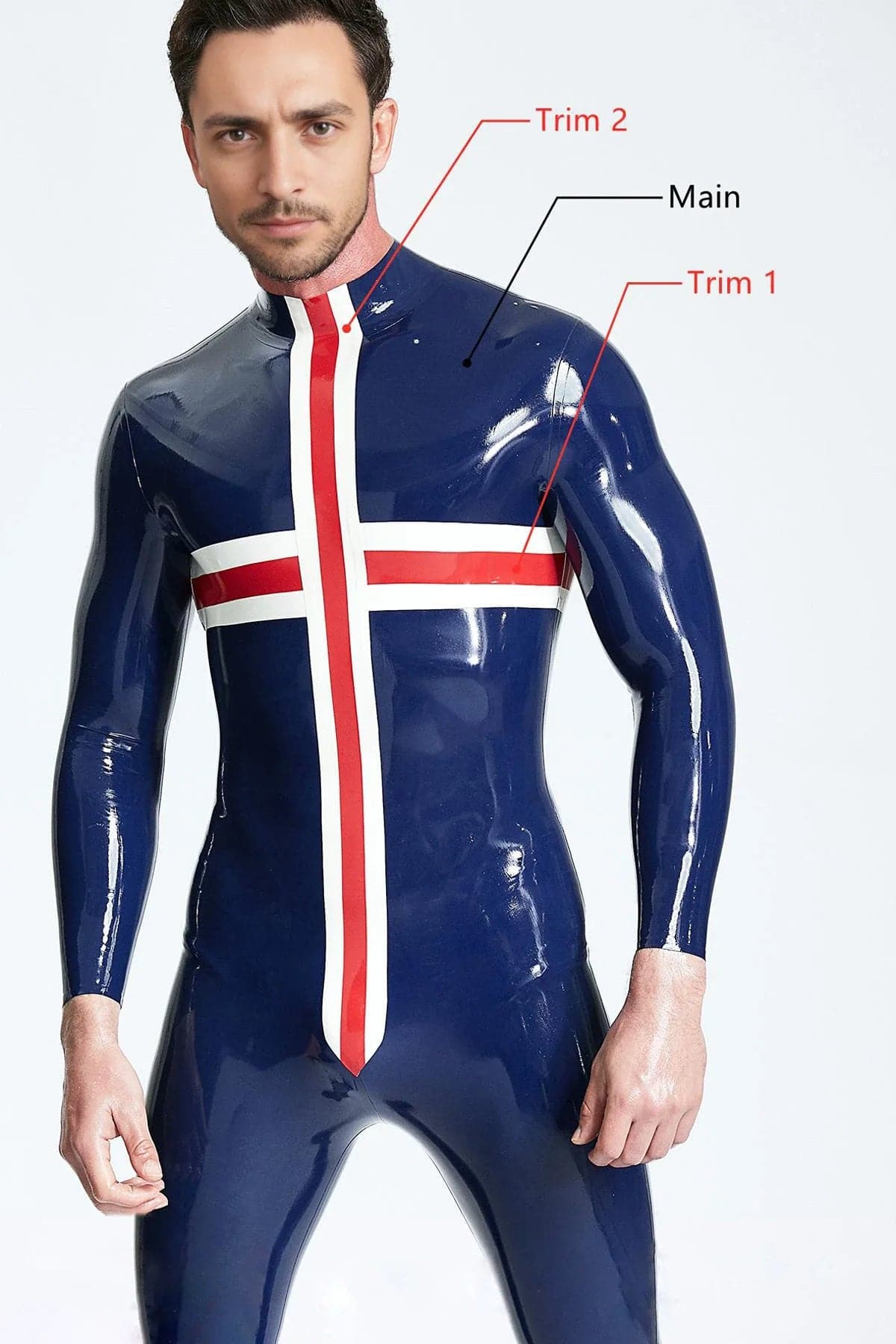 Latex Men’s Catsuit with Cross Panel Design – Dark Blue, Red and White