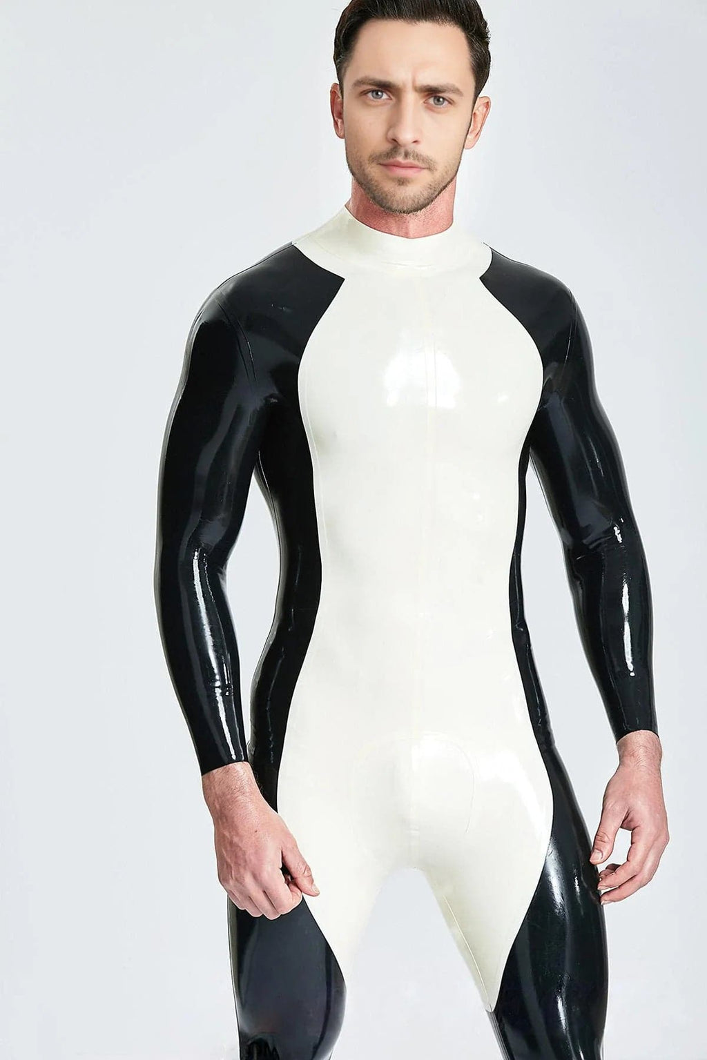 Latex Men’s Two-Tone Pup Catsuit – White and Black