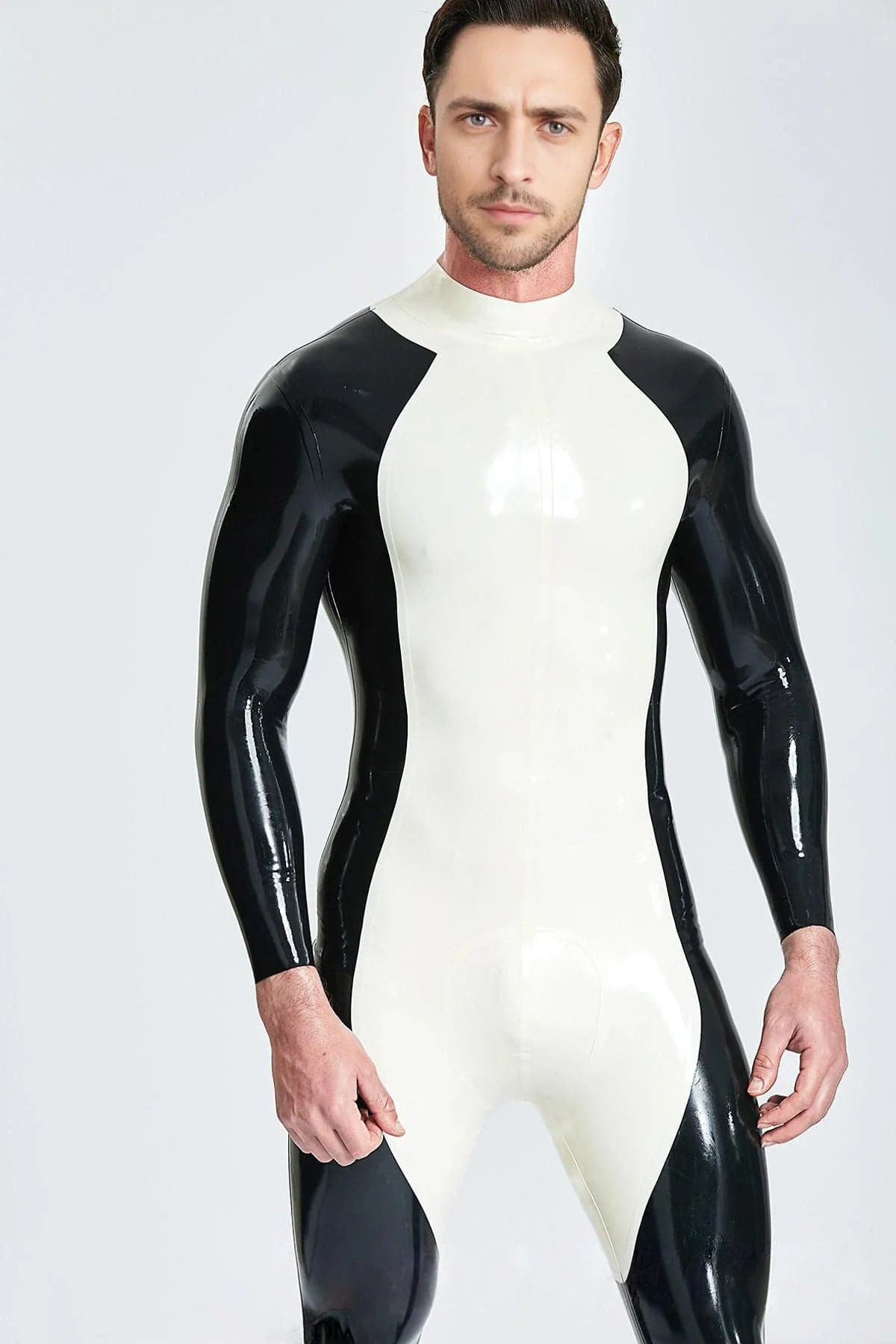 Latex Men’s Two-Tone Pup Catsuit – White and Black