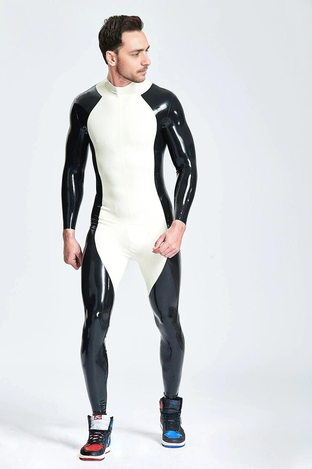 Latex Men’s Two-Tone Pup Catsuit – White and Black