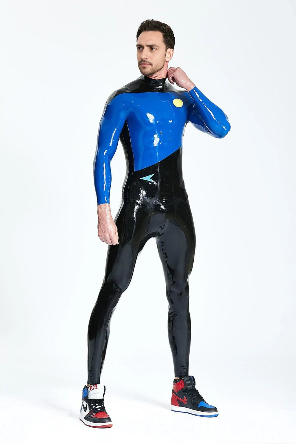 Latex Men’s Two-Tone Catsuit with Insignia Badges – Black and Royal Blue