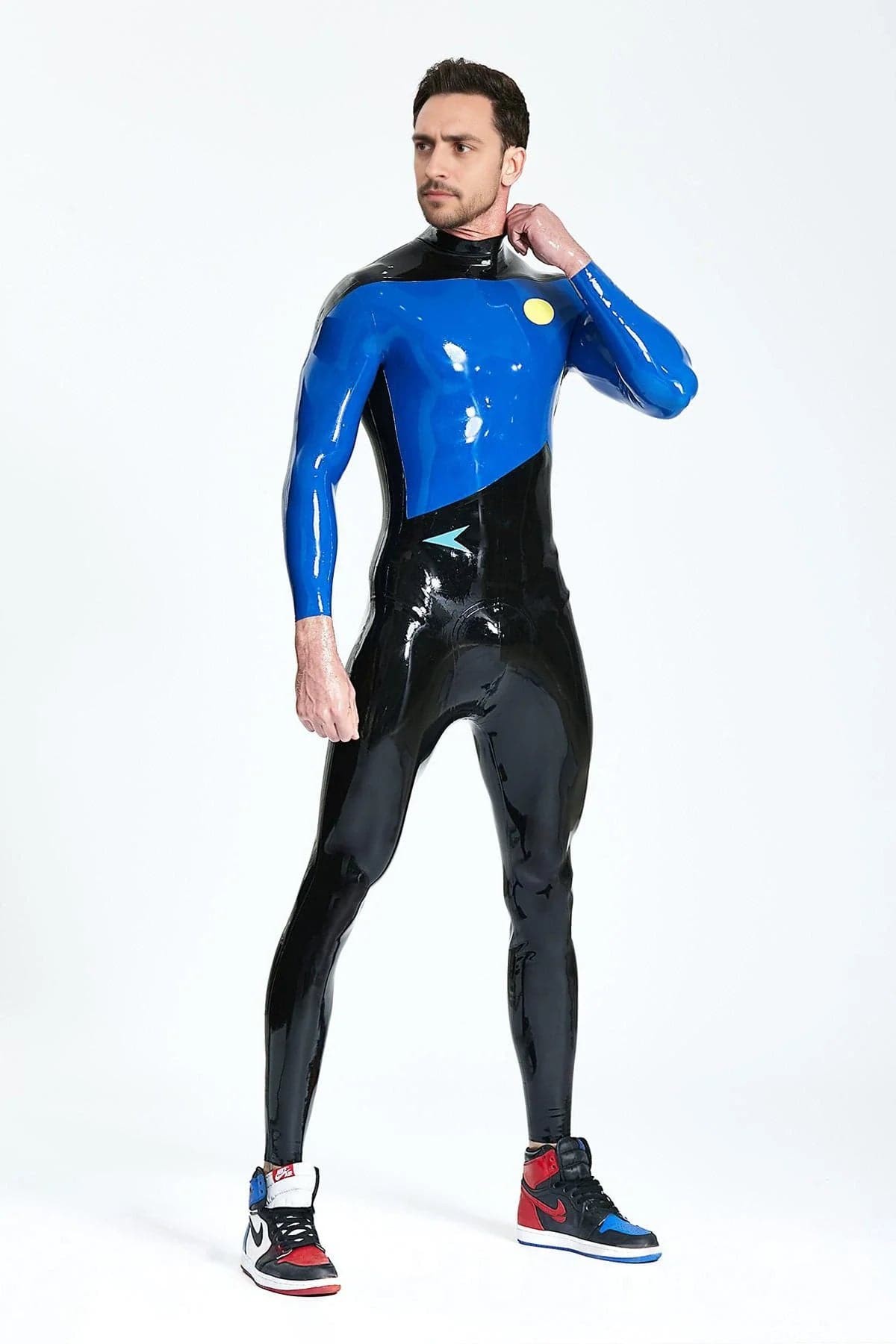 Latex Men’s Two-Tone Catsuit with Insignia Badges – Black and Royal Blue