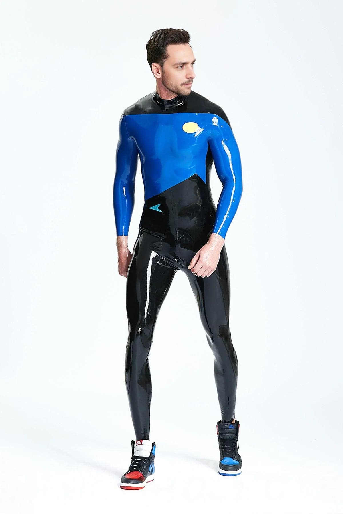 Latex Men’s Two-Tone Catsuit with Insignia Badges – Black and Royal Blue