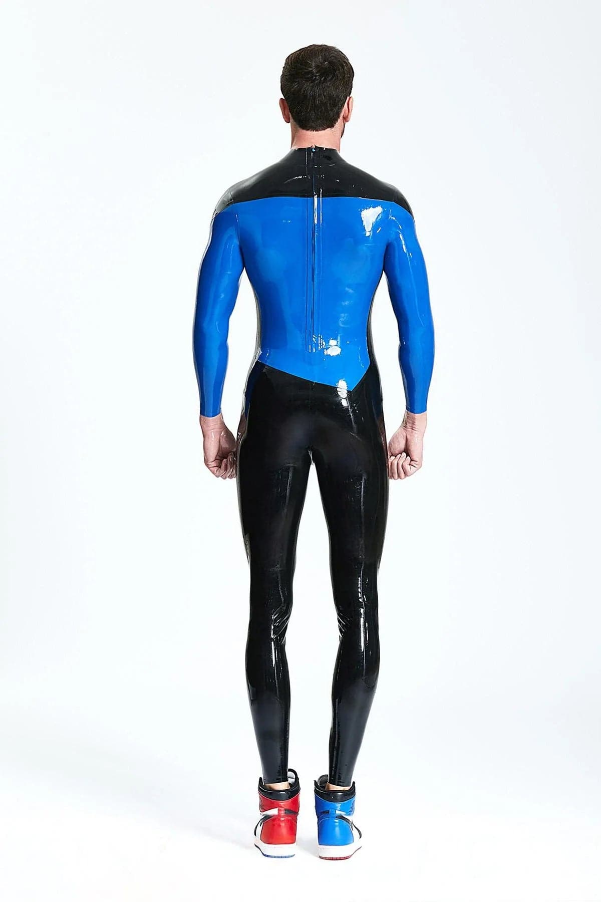 Latex Men’s Two-Tone Catsuit with Insignia Badges – Black and Royal Blue