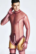 Latex Men’s Burlesque Leotard Catsuit with Frills, Stockings and Gloves – Translucent Lilac