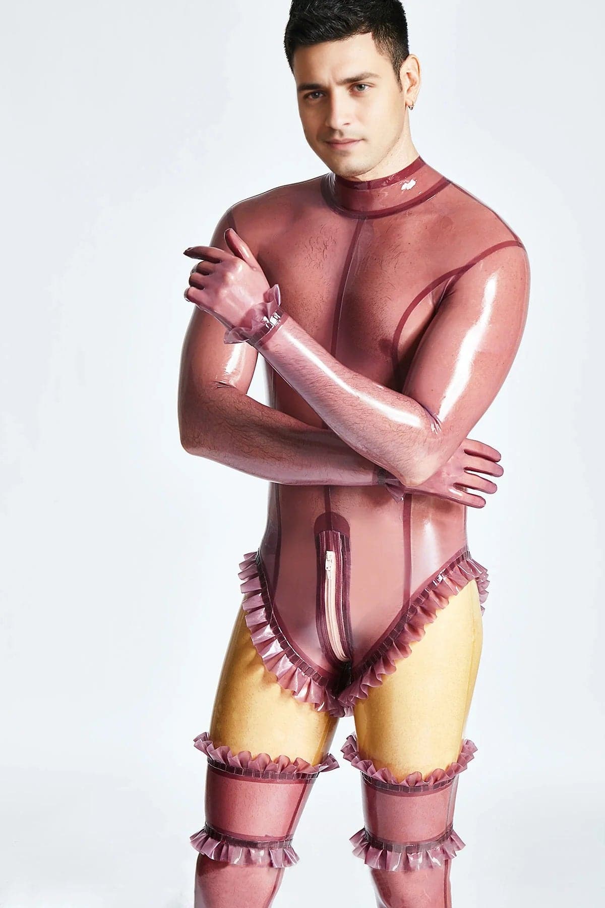 Latex Men’s Burlesque Leotard Catsuit with Frills, Stockings and Gloves – Translucent Lilac