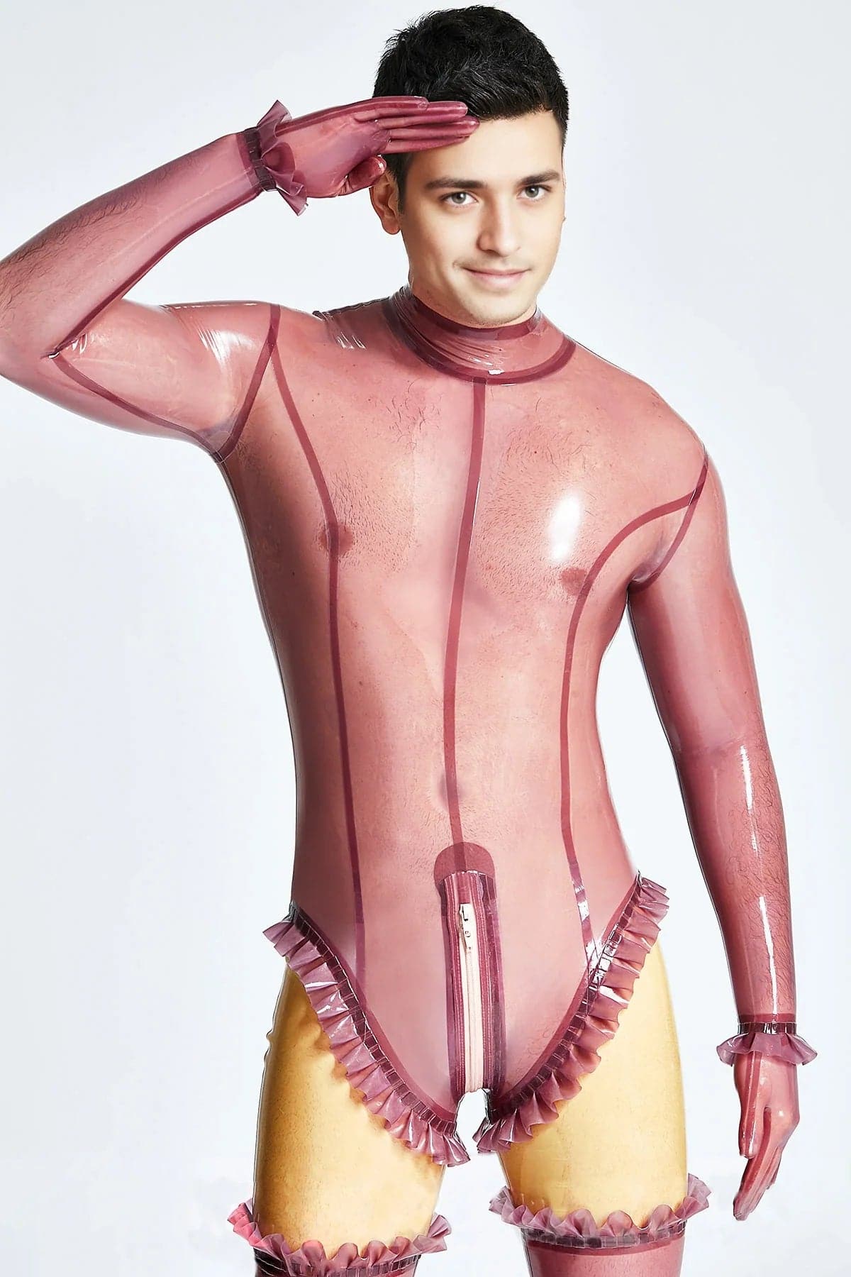 Latex Men’s Burlesque Leotard Catsuit with Frills, Stockings and Gloves – Translucent Lilac