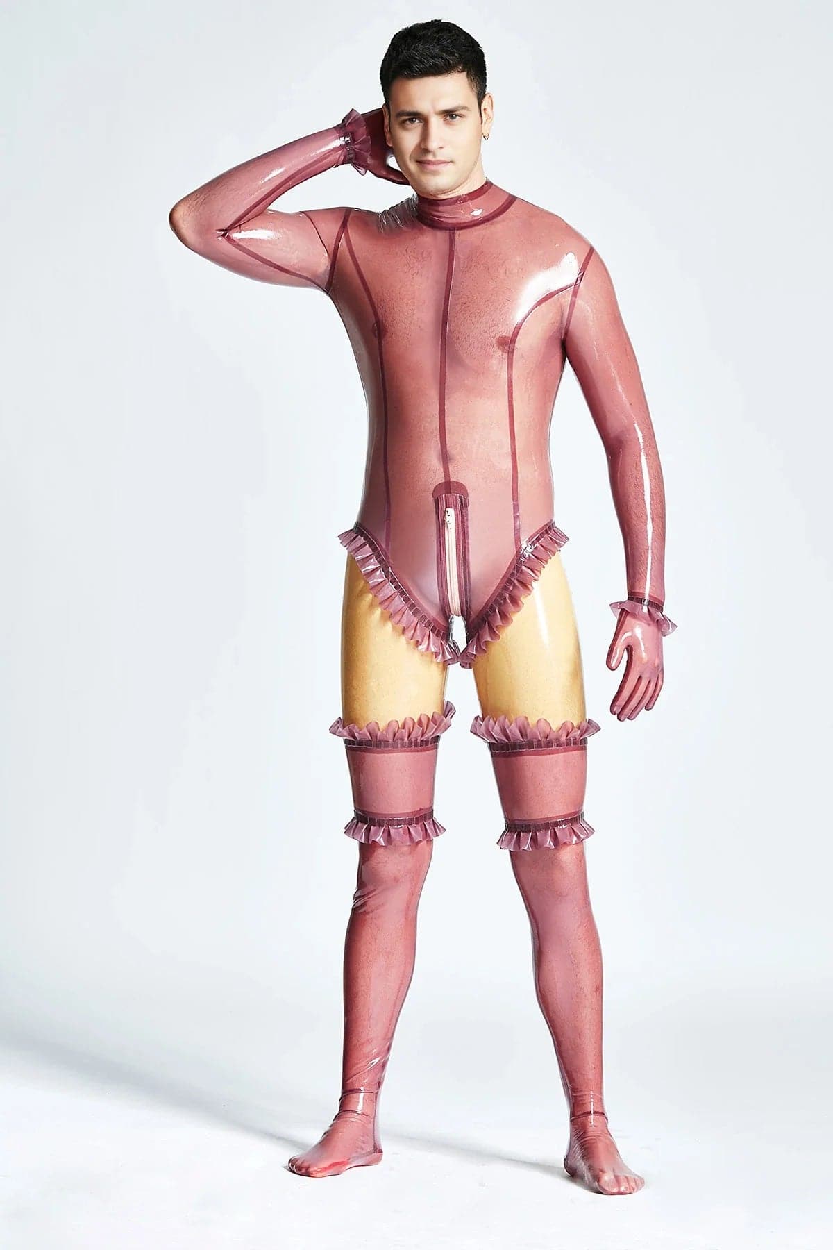 Latex Men’s Burlesque Leotard Catsuit with Frills, Stockings and Gloves – Translucent Lilac