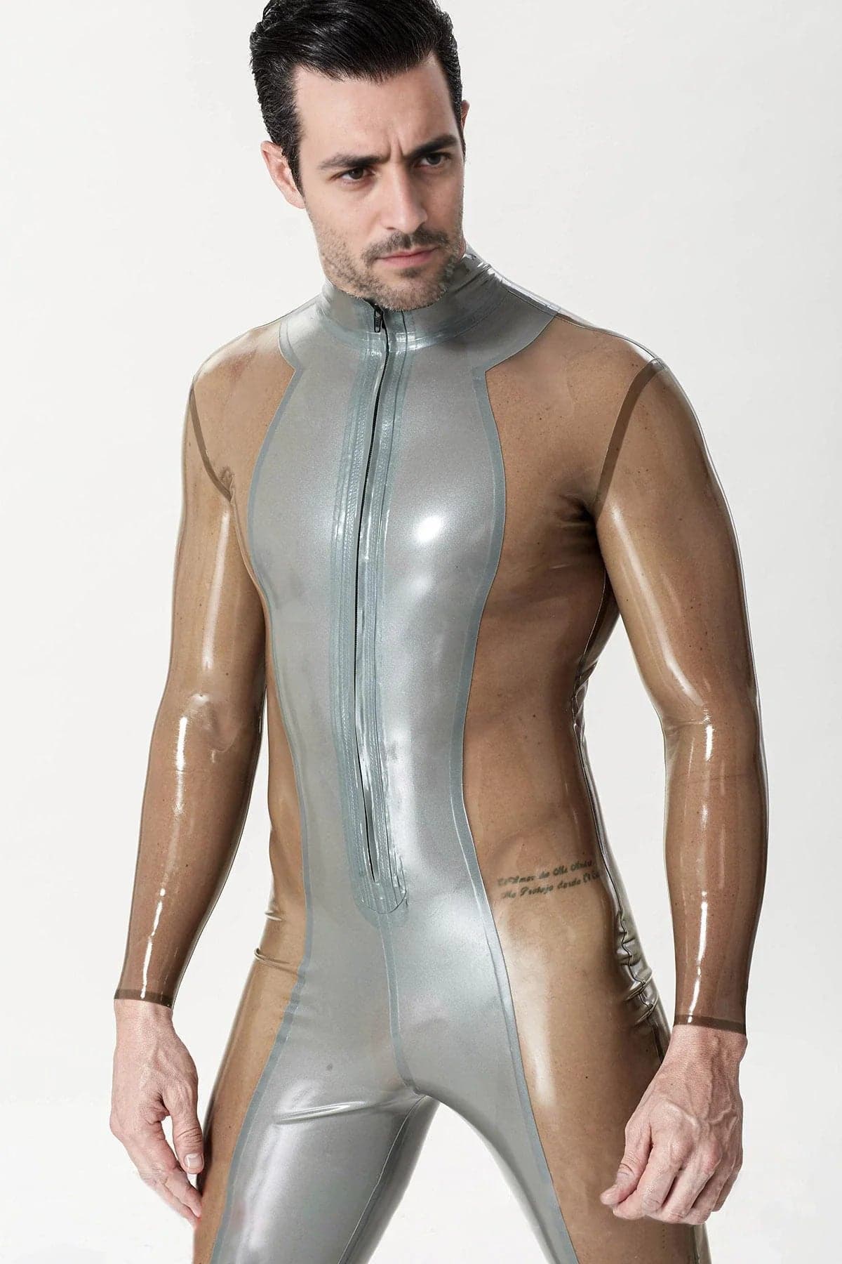 Latex Men’s Catsuit with Metallic Silver Front Panel and Translucent Sides