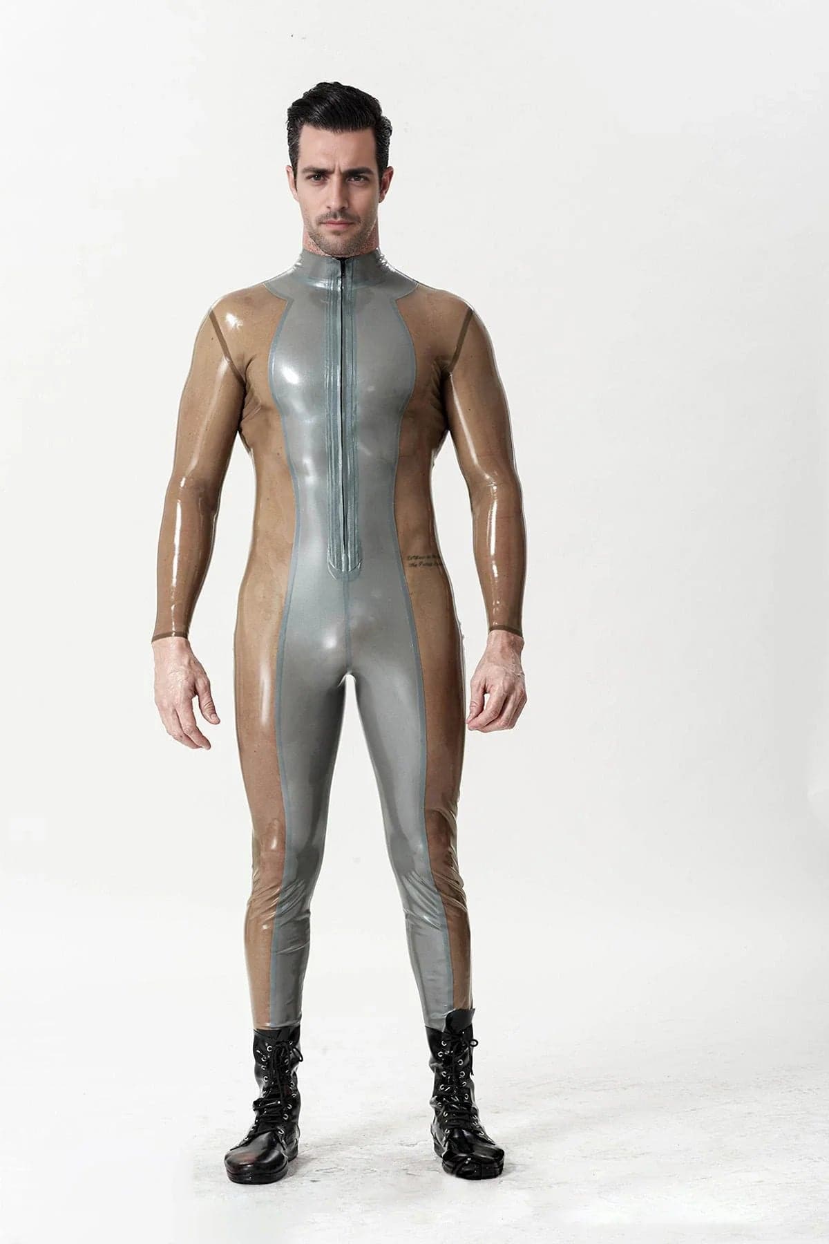 Latex Men’s Catsuit with Metallic Silver Front Panel and Translucent Sides
