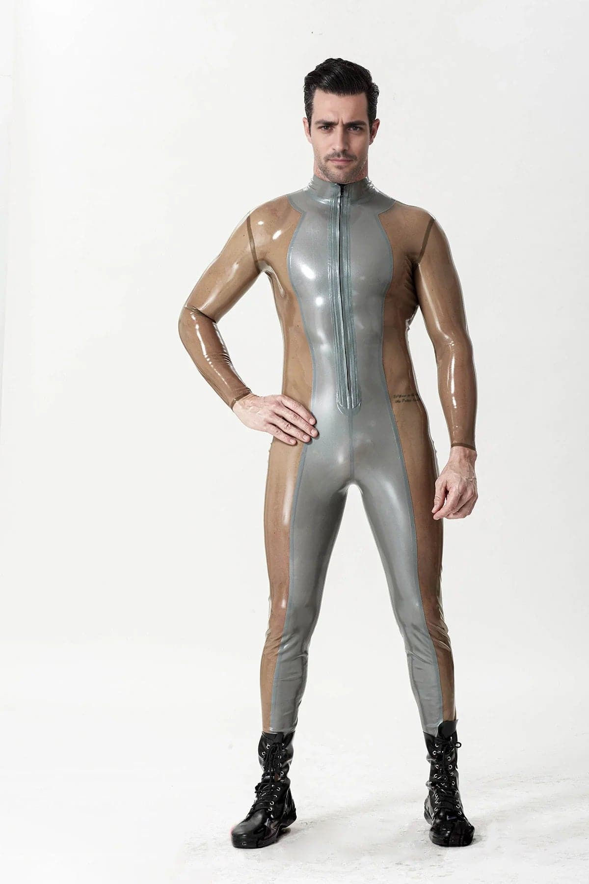 Latex Men’s Catsuit with Metallic Silver Front Panel and Translucent Sides