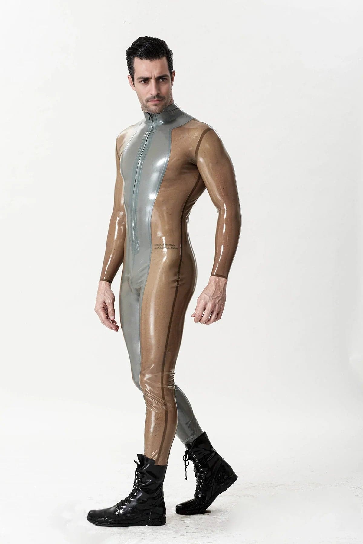Latex Men’s Catsuit with Metallic Silver Front Panel and Translucent Sides