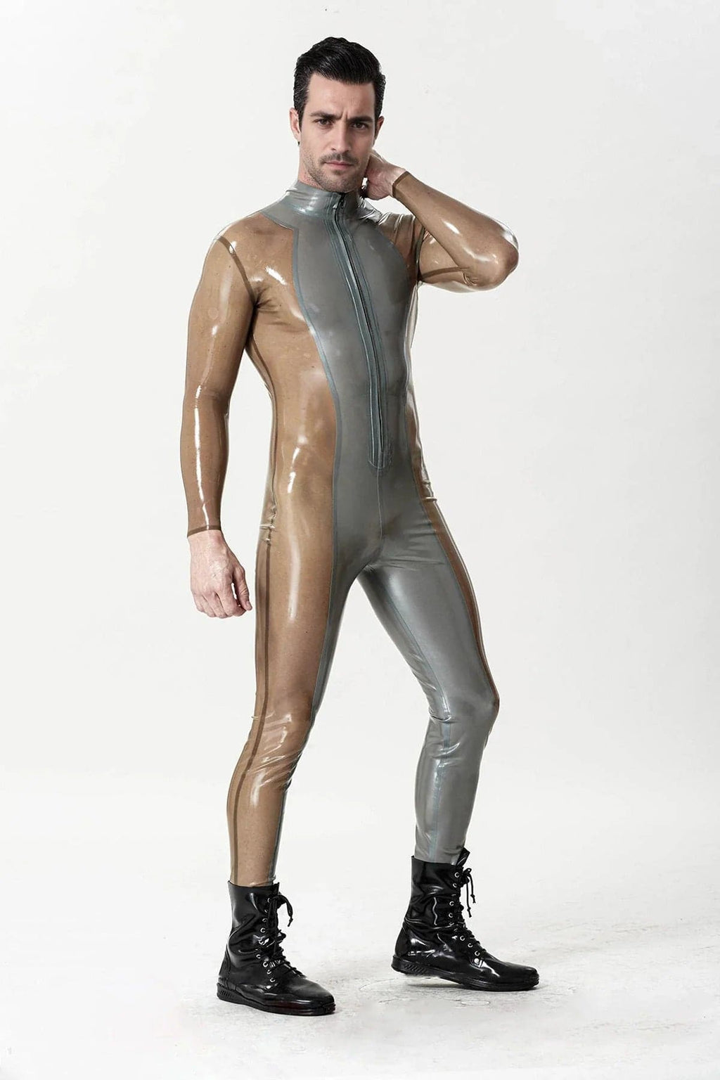 Latex Men’s Catsuit with Metallic Silver Front Panel and Translucent Sides