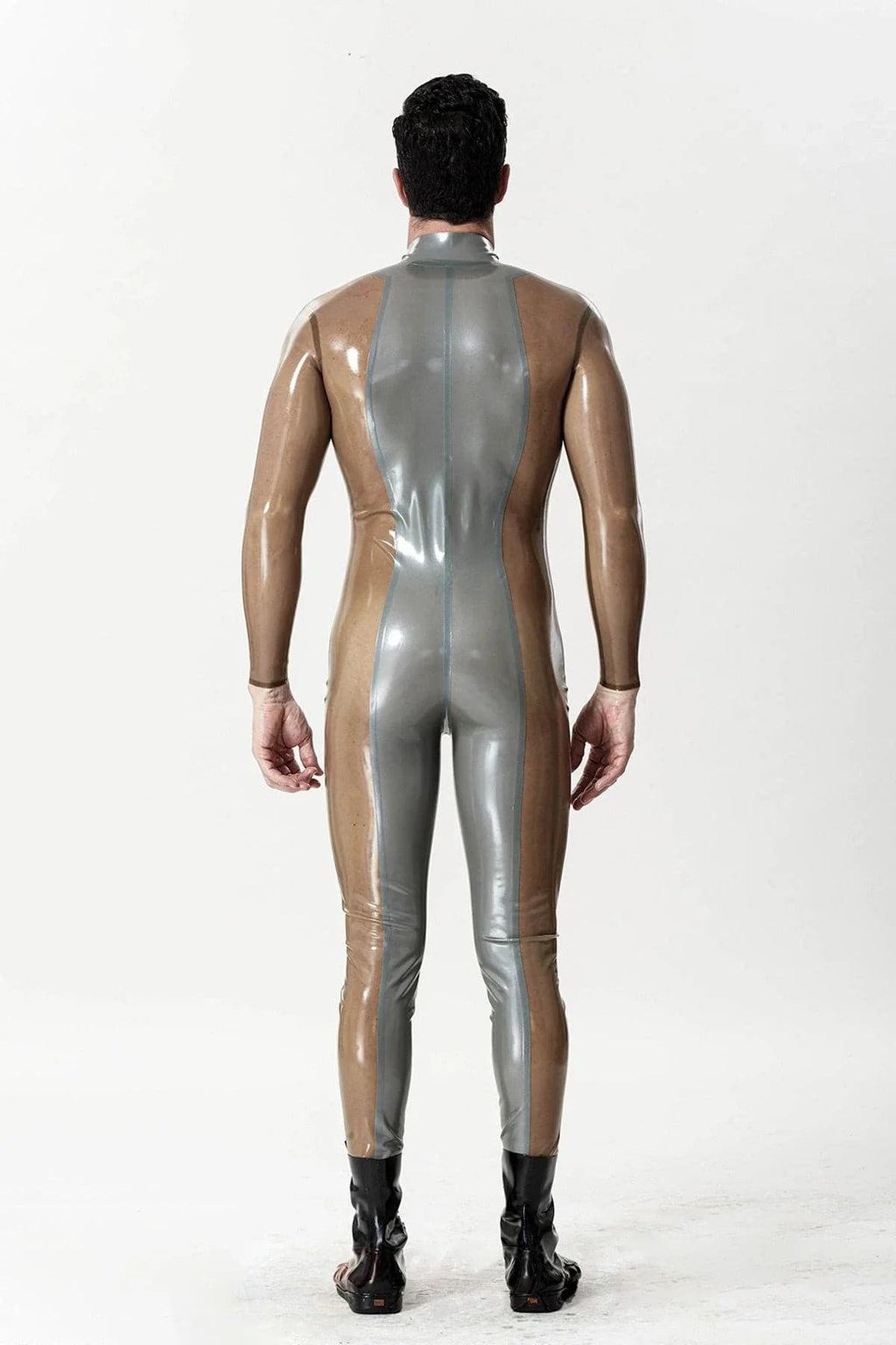 Latex Men’s Catsuit with Metallic Silver Front Panel and Translucent Sides