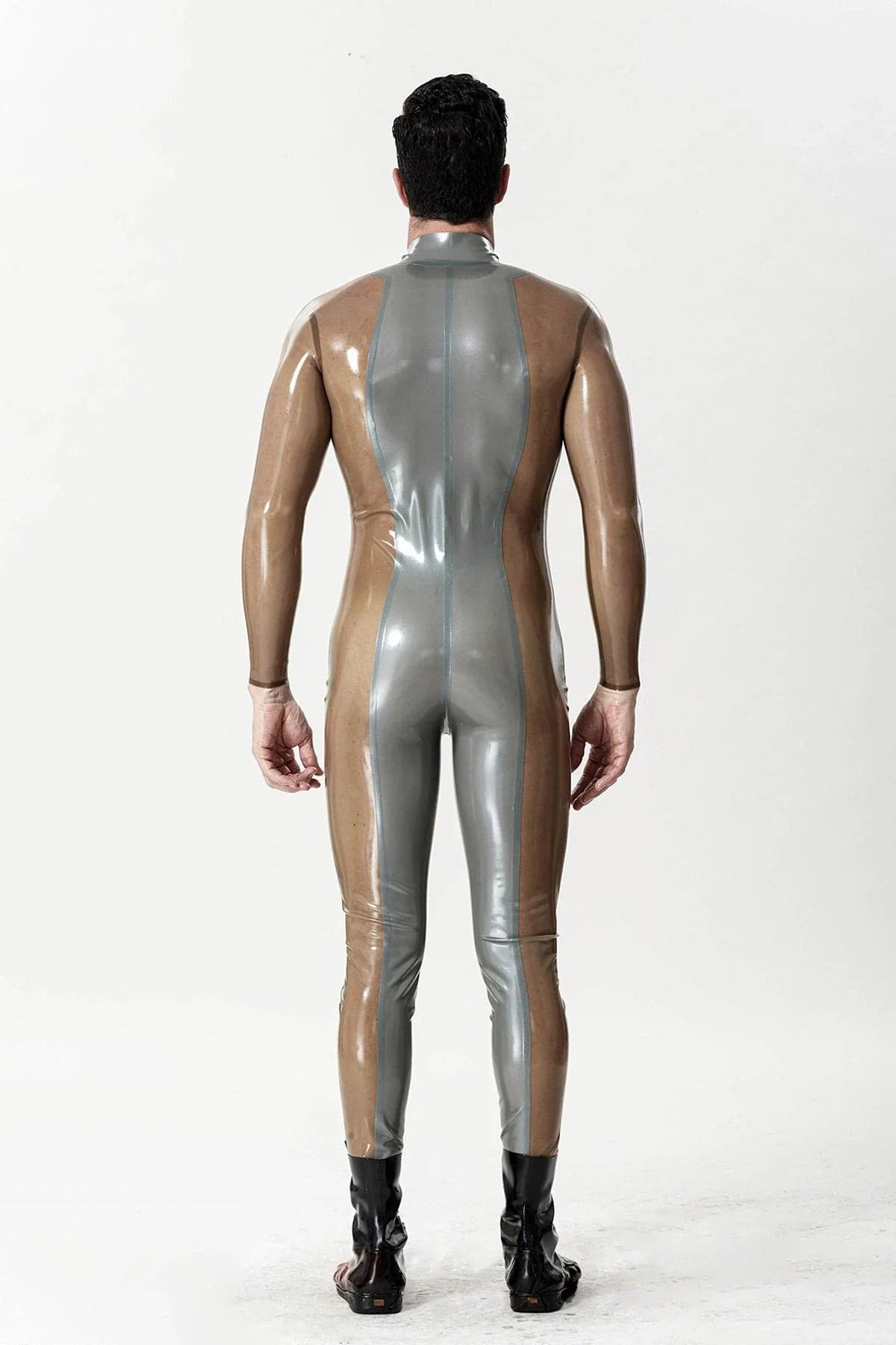Latex Men’s Catsuit with Metallic Silver Front Panel and Translucent Sides