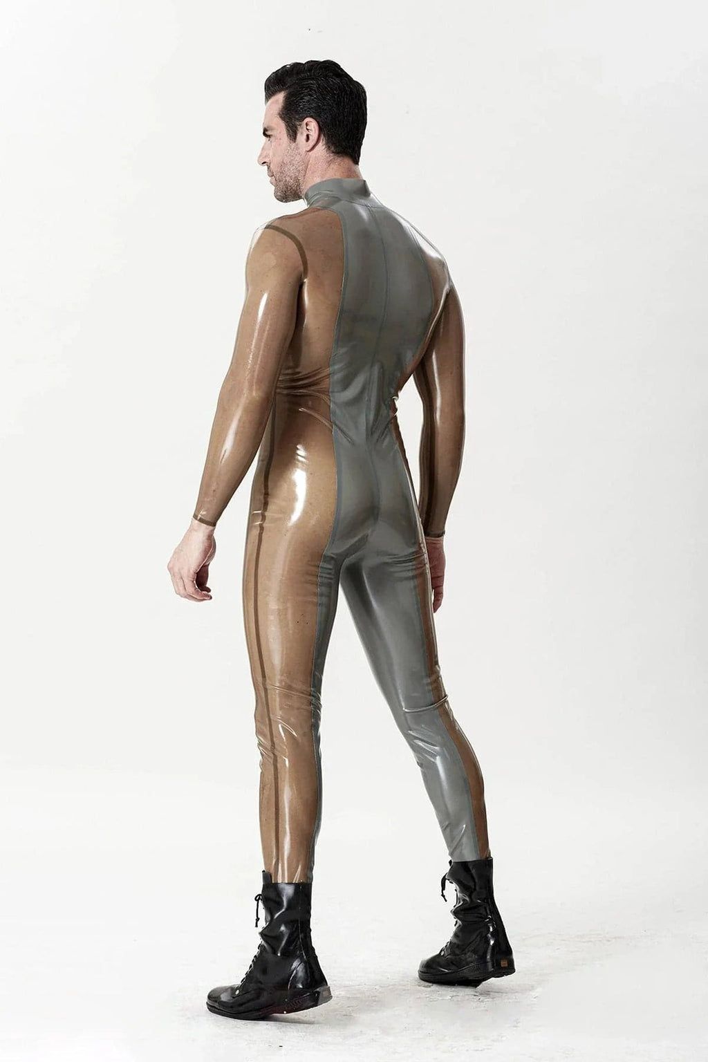 Latex Men’s Catsuit with Metallic Silver Front Panel and Translucent Sides