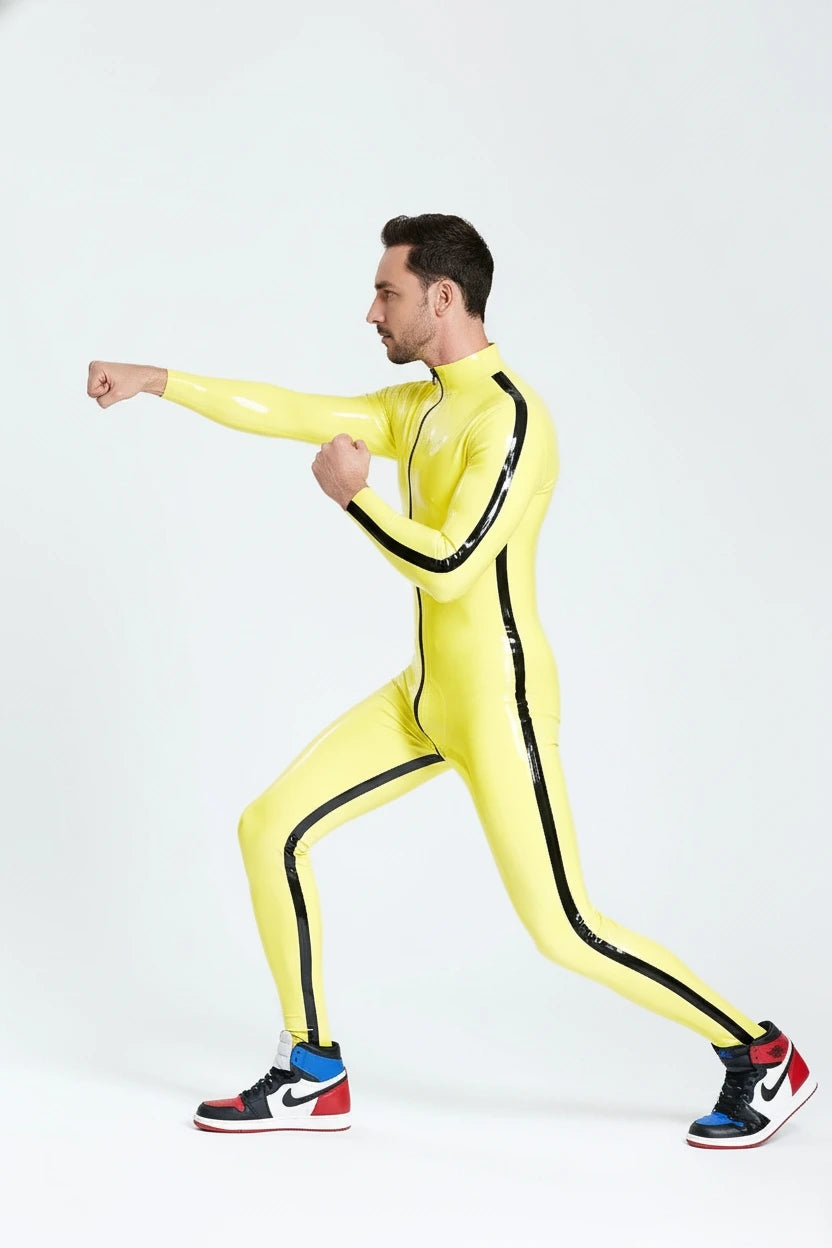 Latex Men’s Catsuit with Contrast Side Stripes and Through-Crotch Zip – Yellow and Black