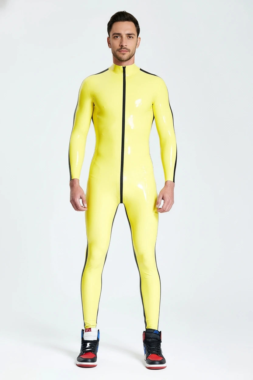 Latex Men’s Catsuit with Contrast Side Stripes and Through-Crotch Zip – Yellow and Black