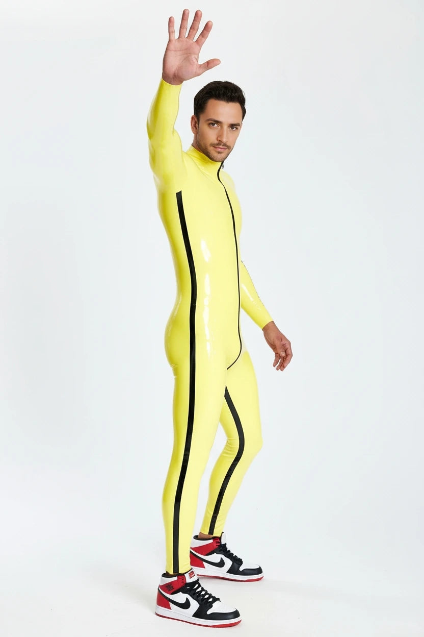 Latex Men’s Catsuit with Contrast Side Stripes and Through-Crotch Zip – Yellow and Black