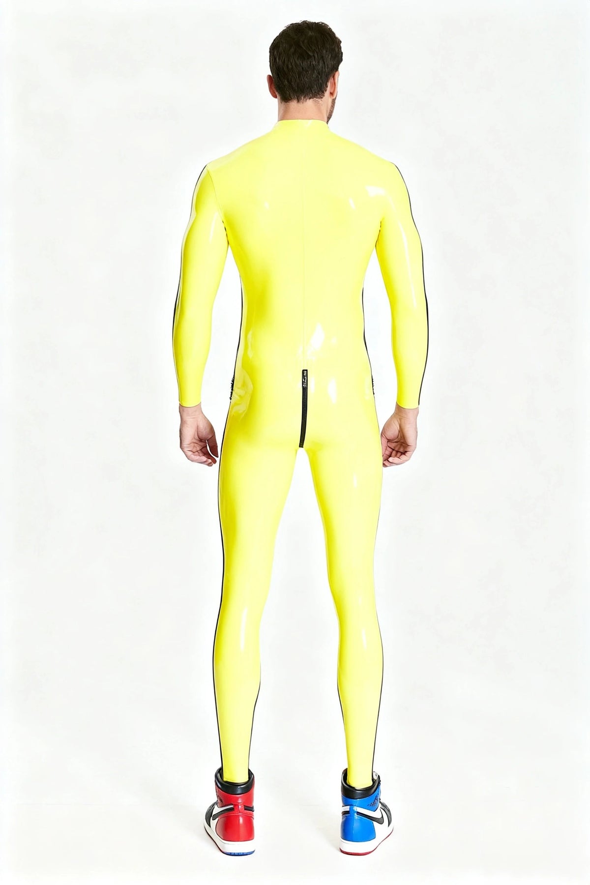 Latex Men’s Catsuit with Contrast Side Stripes and Through-Crotch Zip – Yellow and Black