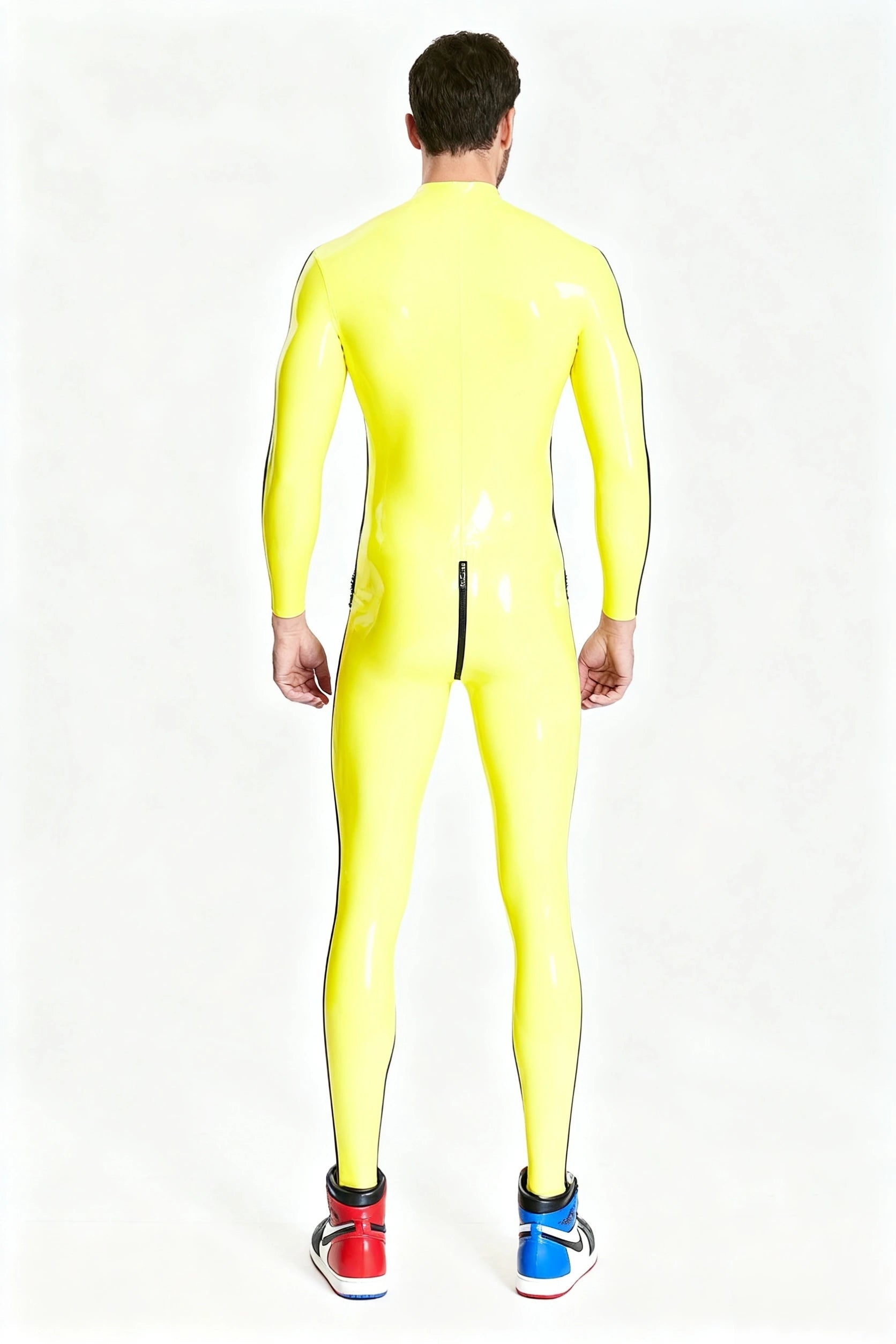 Latex Men’s Catsuit with Contrast Side Stripes and Through-Crotch Zip – Yellow and Black