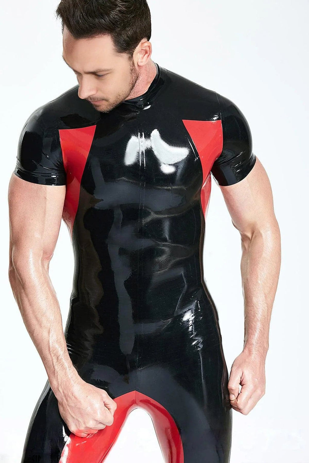 Latex Men’s Sporty Catsuit with Contrast Armpit and Crotch Panels – Black and Red