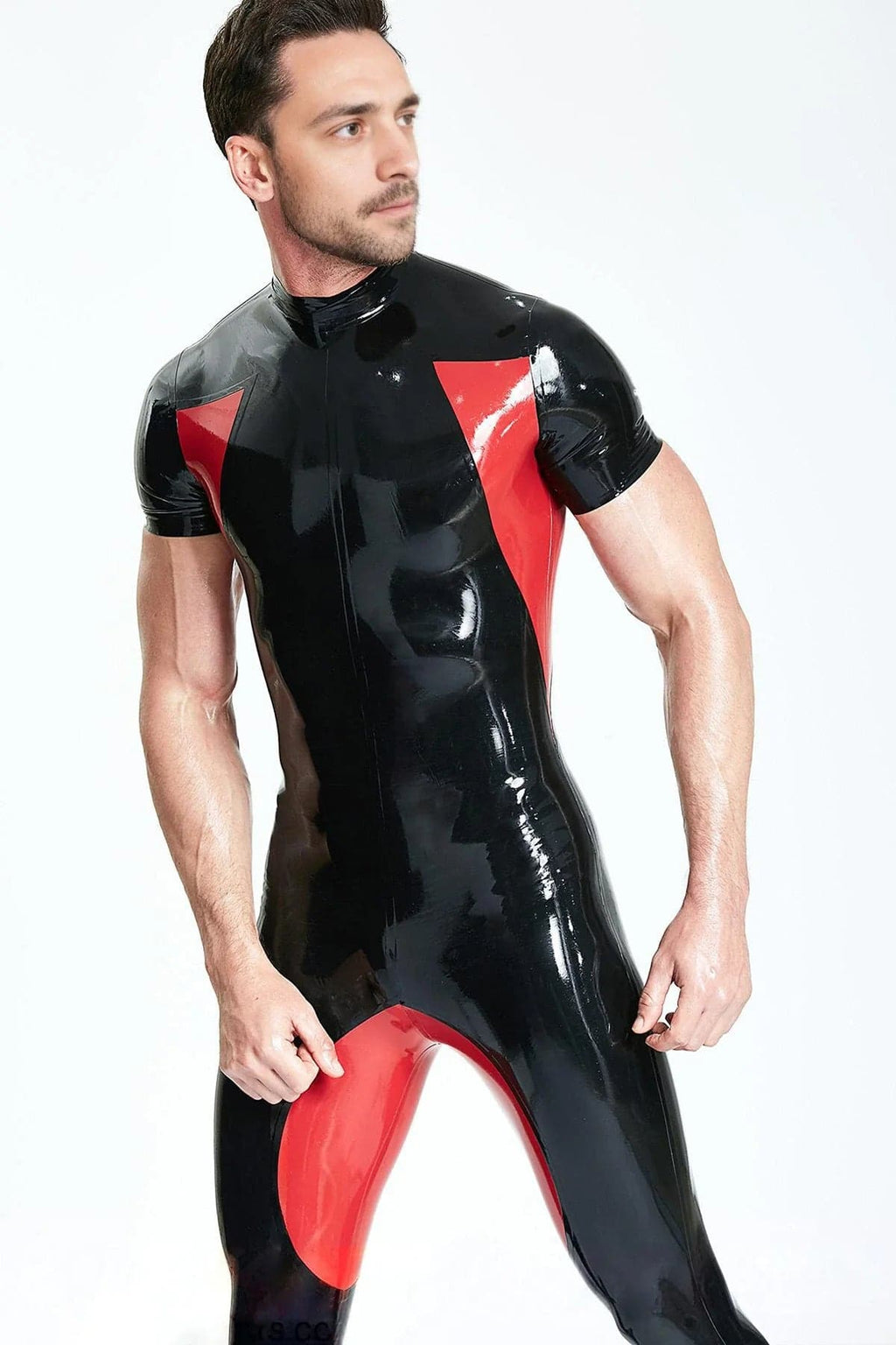 Latex Men’s Sporty Catsuit with Contrast Armpit and Crotch Panels – Black and Red