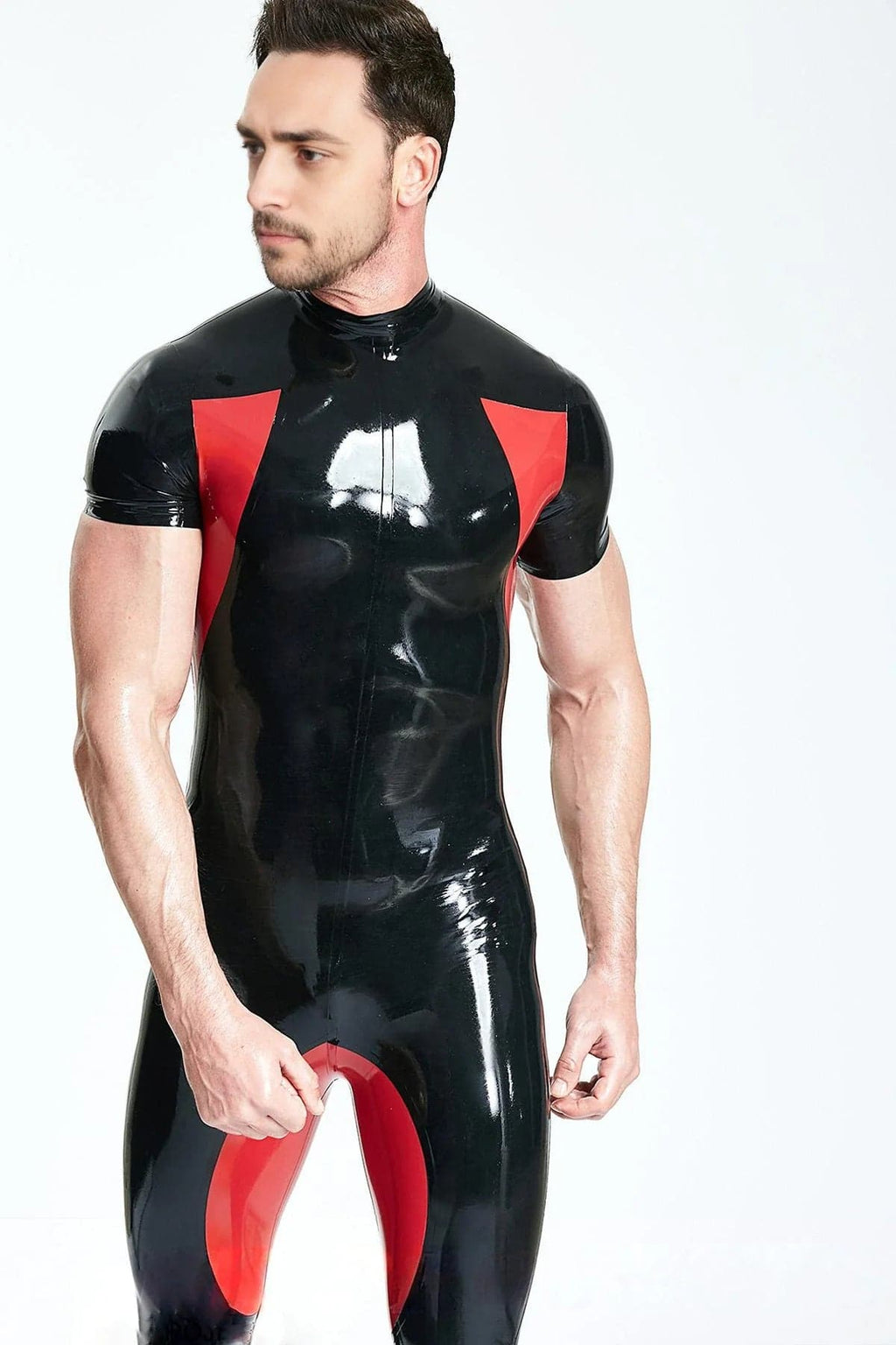 Latex Men’s Sporty Catsuit with Contrast Armpit and Crotch Panels – Black and Red