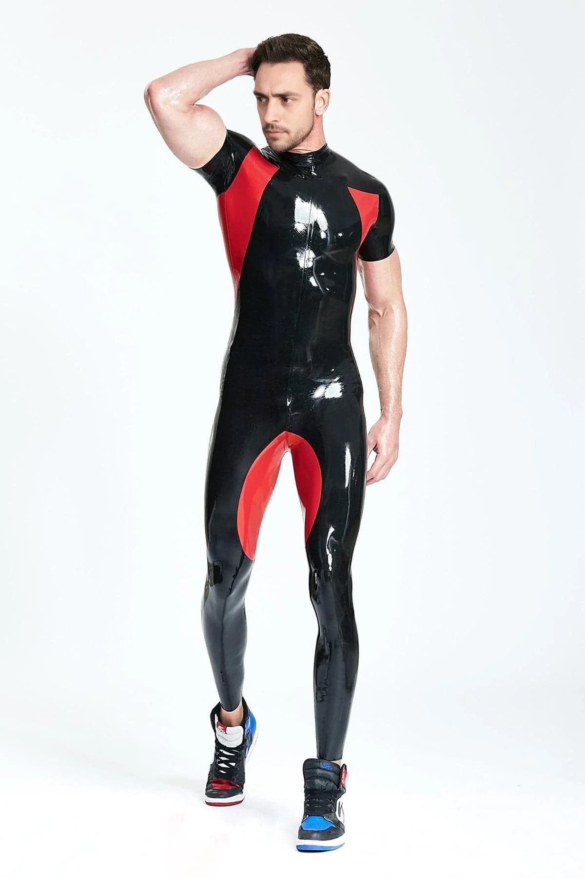 Latex Men’s Sporty Catsuit with Contrast Armpit and Crotch Panels – Black and Red