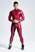 Latex Men’s Catsuit with Back-to-Front Zipper and Chest Zips – Metallic Cherry and Black