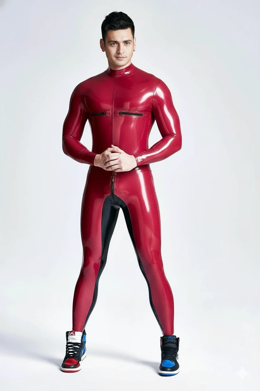 Latex Men’s Catsuit with Back-to-Front Zipper and Chest Zips – Metallic Cherry and Black