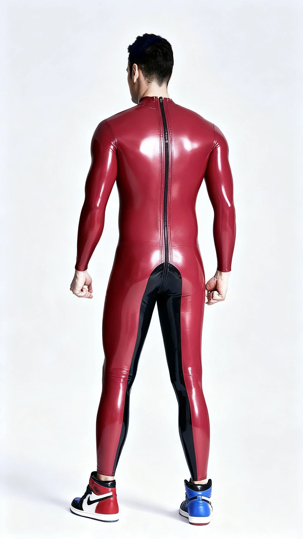 Latex Men’s Catsuit with Back-to-Front Zipper and Chest Zips – Metallic Cherry and Black