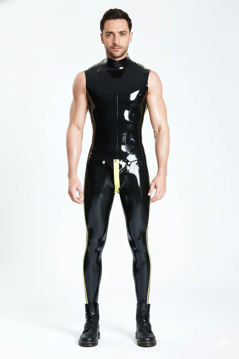 Latex Men’s Sleeveless Muscle Catsuit with Codpiece – Black and Yellow