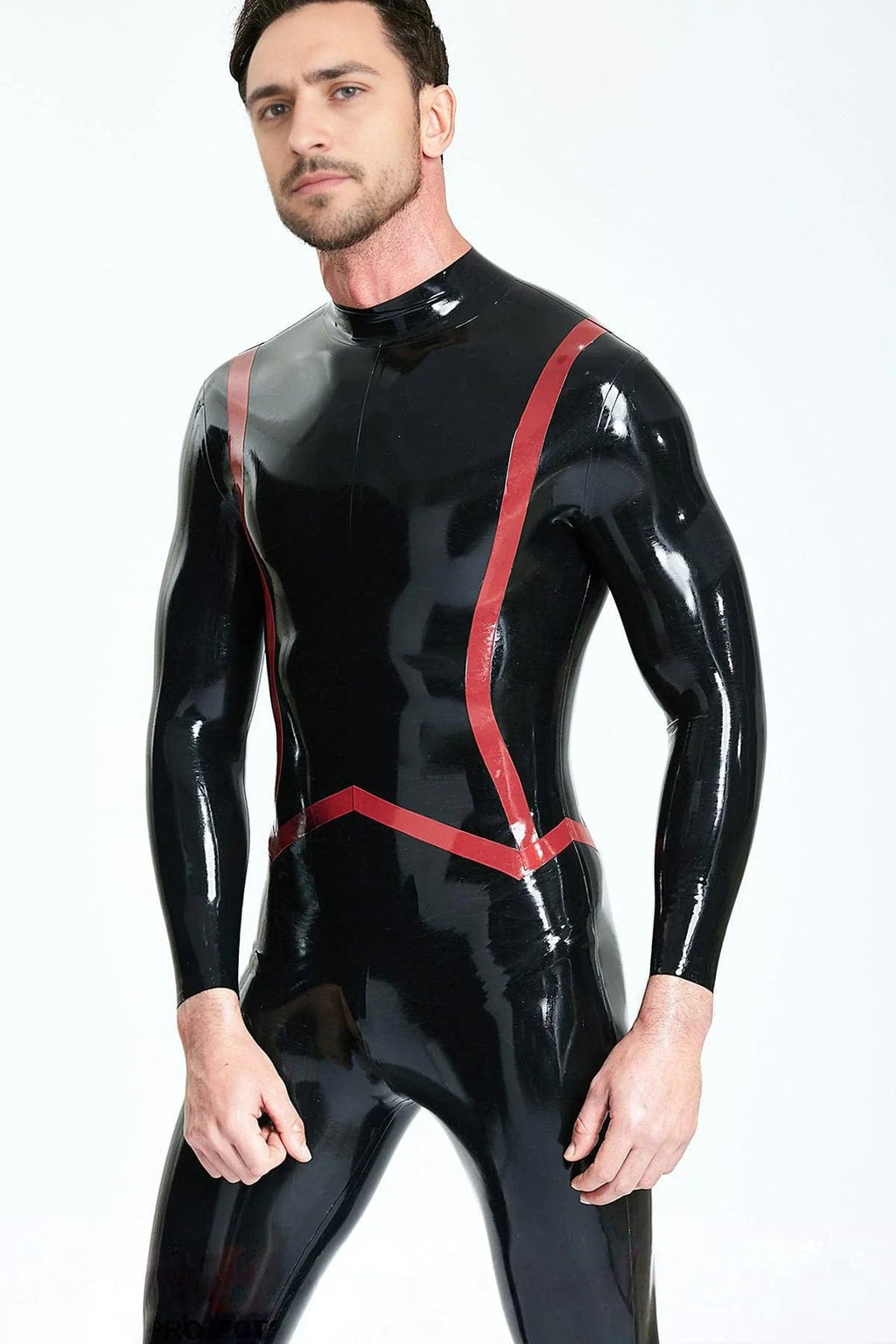 Latex Men’s Catsuit with Fishtail Stripe Detail – Black and Red