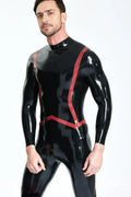 Latex Men’s Catsuit with Fishtail Stripe Detail – Black and Red