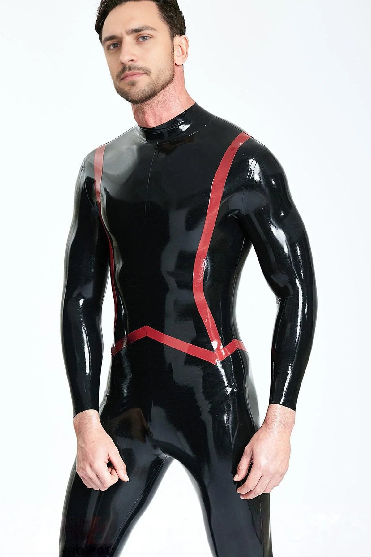 Latex Men’s Catsuit with Fishtail Stripe Detail – Black and Red