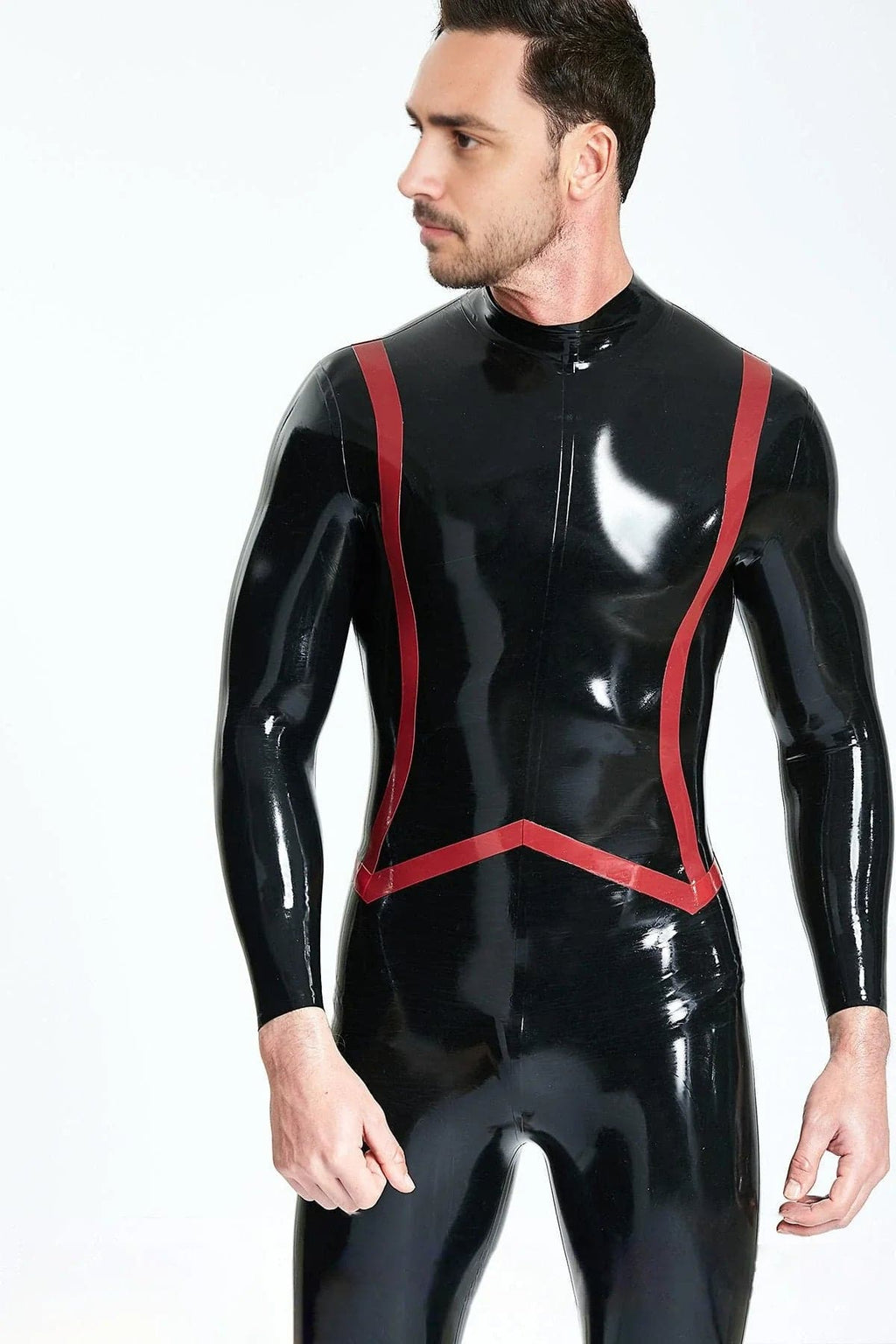 Latex Men’s Catsuit with Fishtail Stripe Detail – Black and Red
