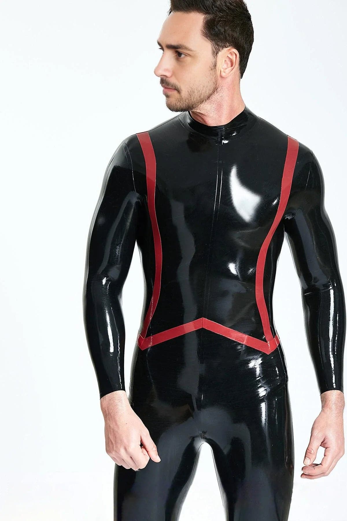 Latex Men’s Catsuit with Fishtail Stripe Detail – Black and Red
