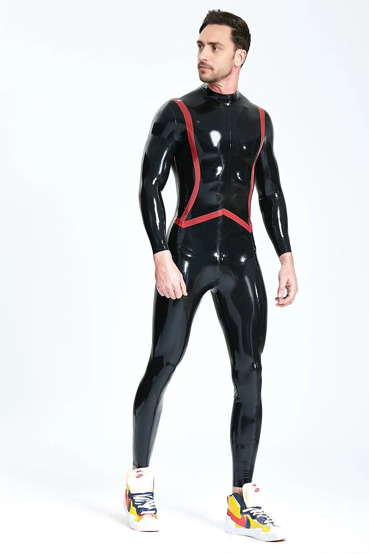 Latex Men’s Catsuit with Fishtail Stripe Detail – Black and Red